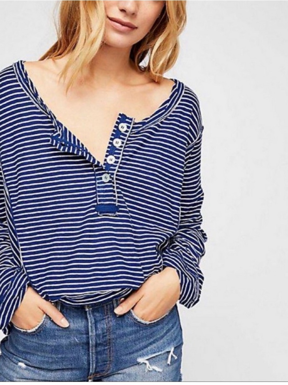 Free People Hong Kong Striped Blue Henley Long-Sleeve Top Women Size M